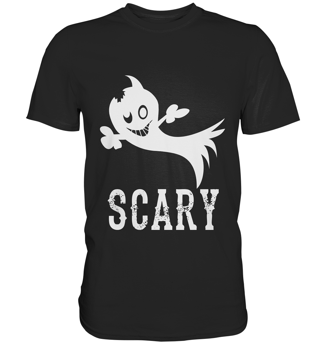 Schwarzes T-Shirt mit weißem Gespenst und dem Schriftzug „Scary“ – gruselig-lustiges Halloween-Motiv.