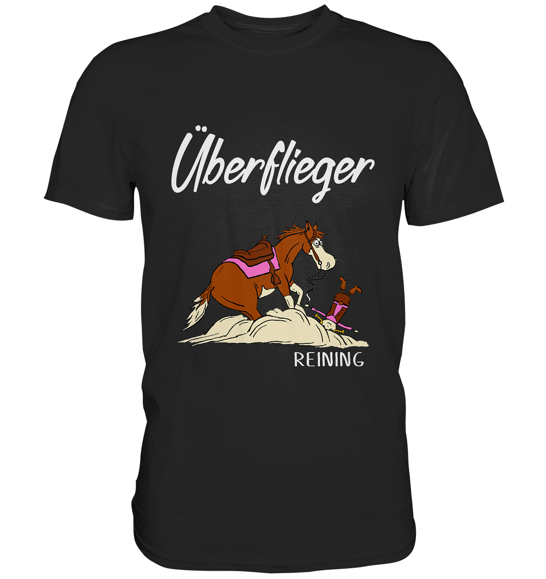 Schwarzes Shirt mit Reining Quarterhorse im Sliding Stop und Schriftzug Überflieger