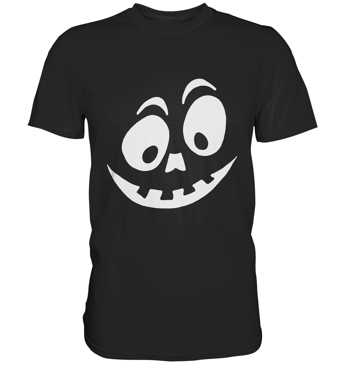 Schwarzes T-Shirt mit großem weißem Grinsegesicht im Kürbisstil auf der Vorderseite