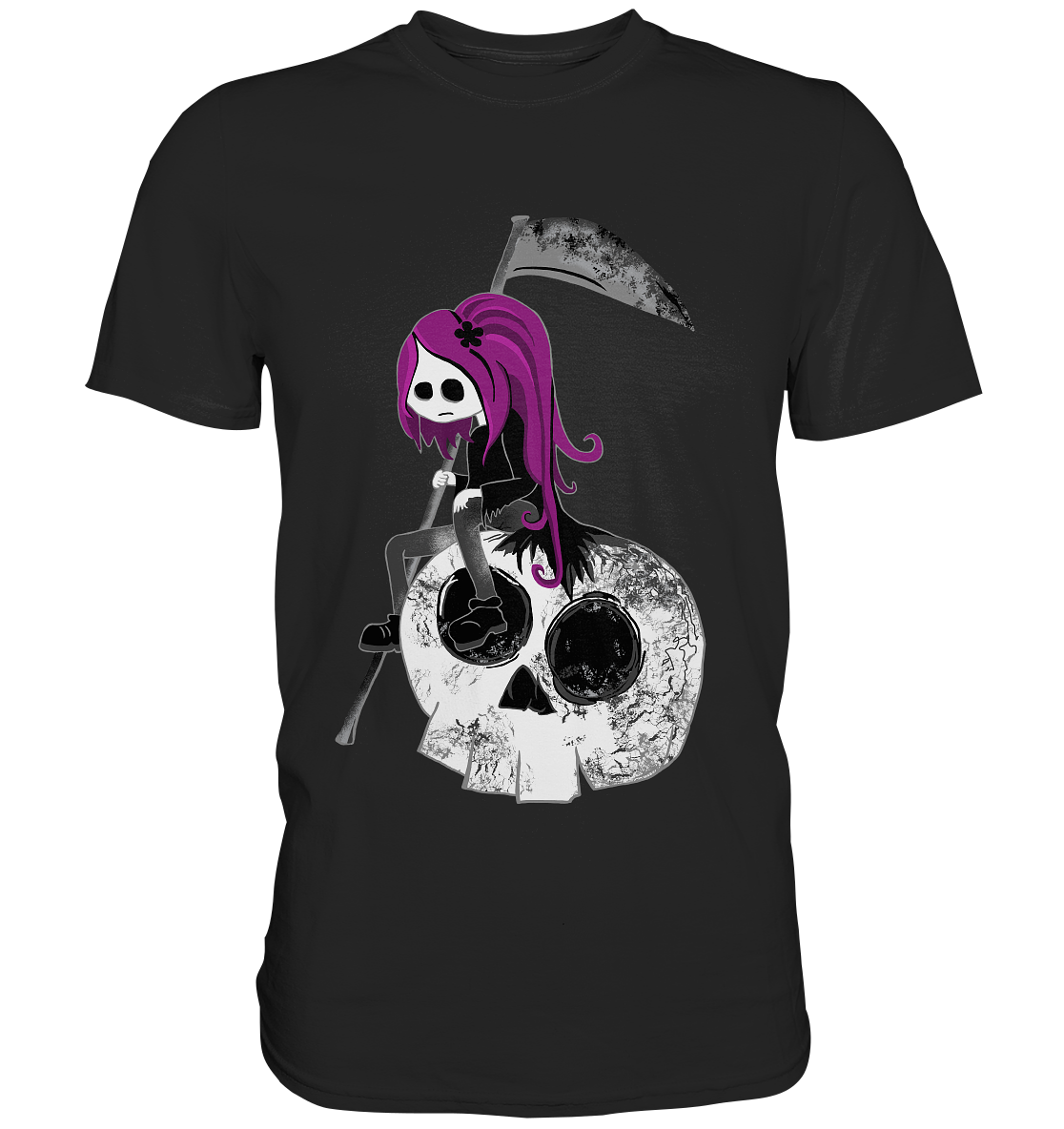 Schwarzes Shirt mit traurig sitzendem Gothic-Sensemädchen auf einem großen Totenschädel.