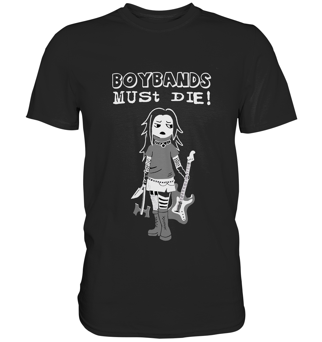 Schwarzes T-Shirt mit Mädchen im punkig-rockigen Outfit und Schriftzug „Boybands Must Die!“, Rockband Design.