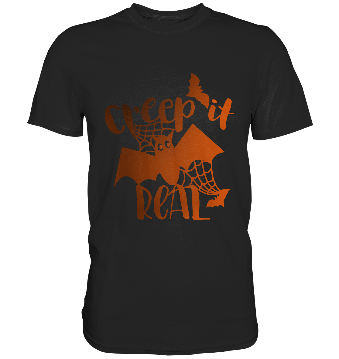 Schwarzes Shirt mit orangefarbener Fledermaus und Spruch „Creep it real“, düsteres Halloween-Design.