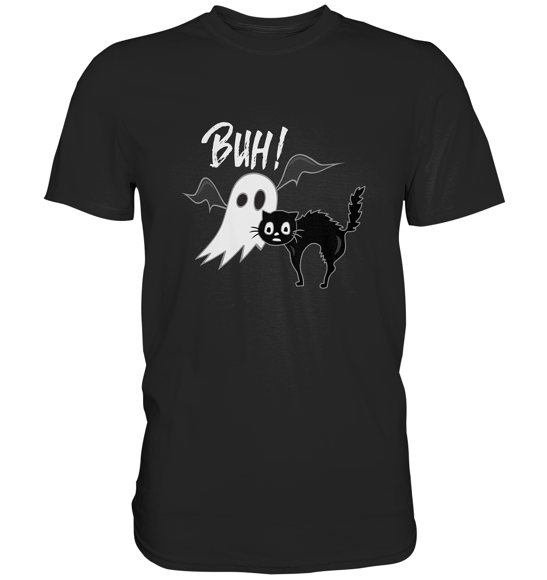 Schwarzes Shirt mit Gespenst, schwarzer Katze und Schriftzug Buh