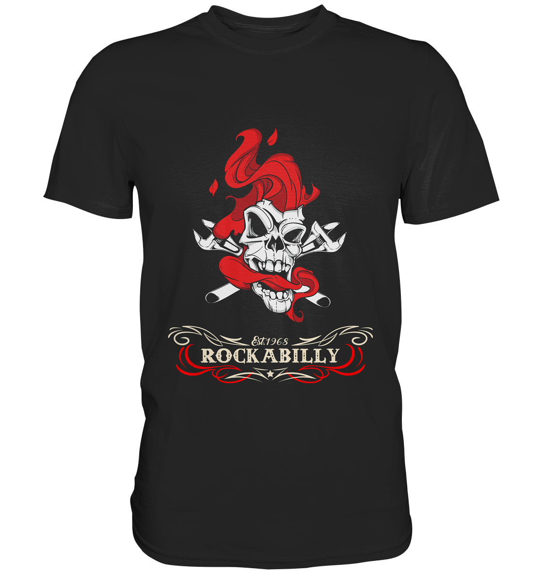 Schwarzes T-Shirt mit weiß-rotem Frontdruck: Smoking Skull mit roter Haartolle, rotem Rauch und „Rockabilly“-Schriftzug