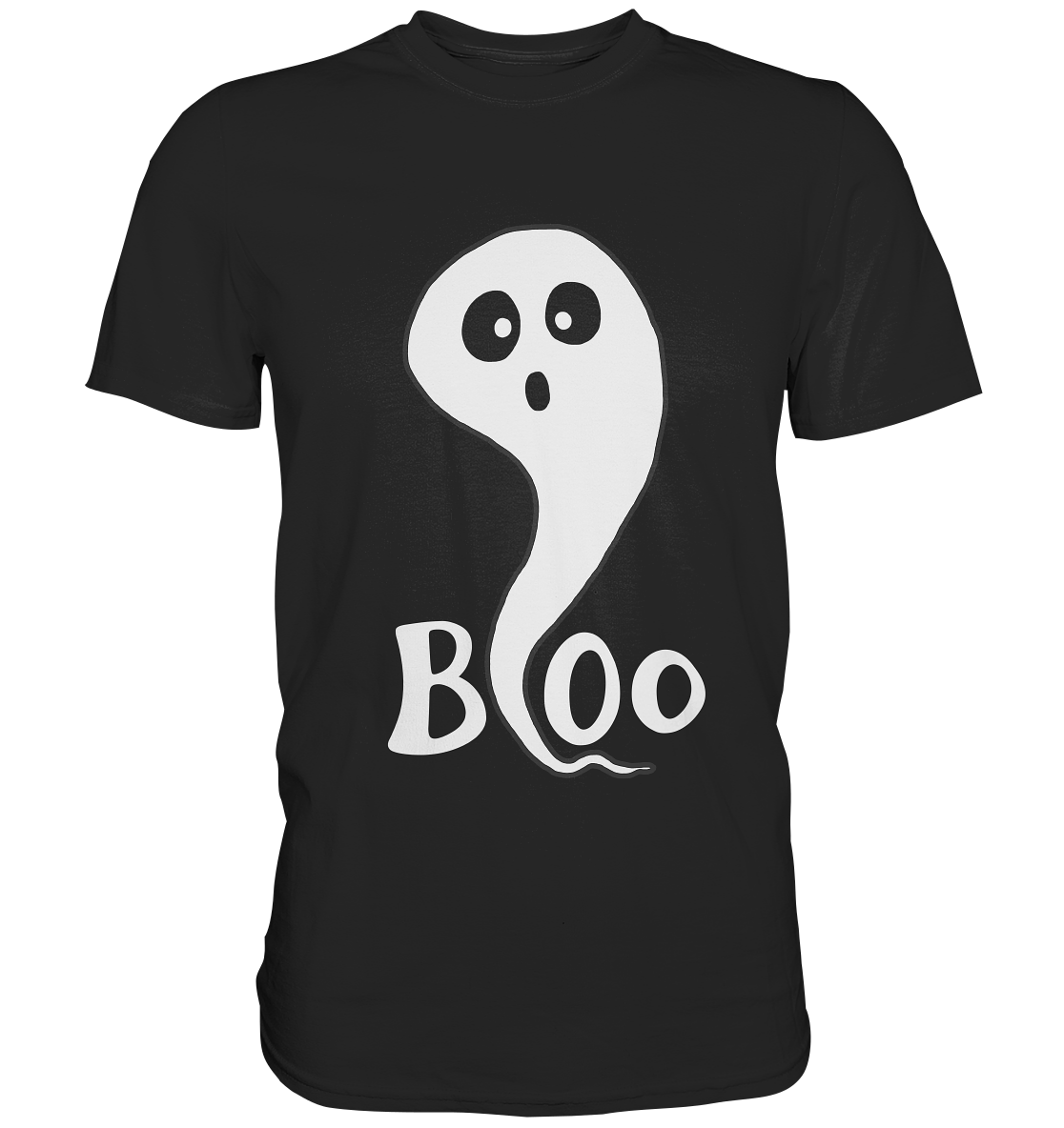 Schwarzes T-Shirt mit großem weißen Gespenst und dem Schriftzug „Boo.“ auf der Vorderseite