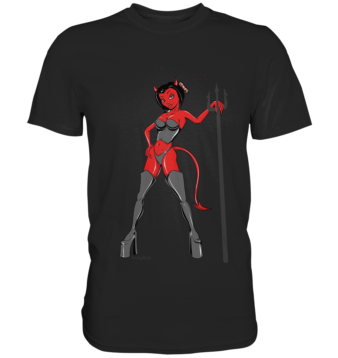 Schwarzes T-Shirt mit sexy Teufelin ohne Text – Girl mit Hörnern im verführerischen, frechen Stil.