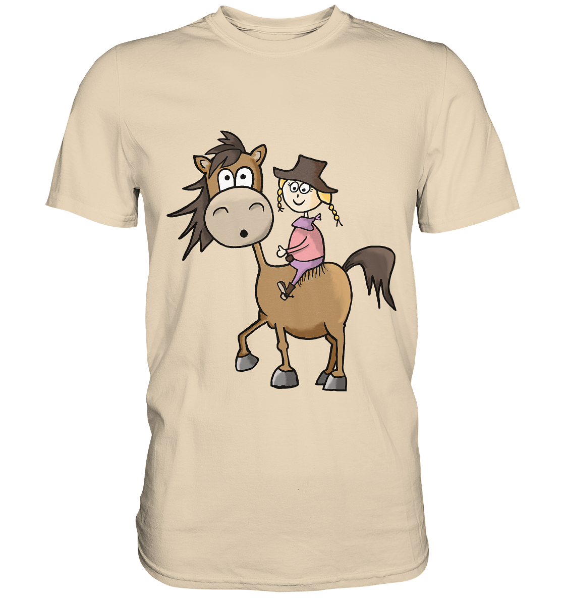 Sandfarbenes Shirt mit Westernmädchen auf Quarter Horse Motiv