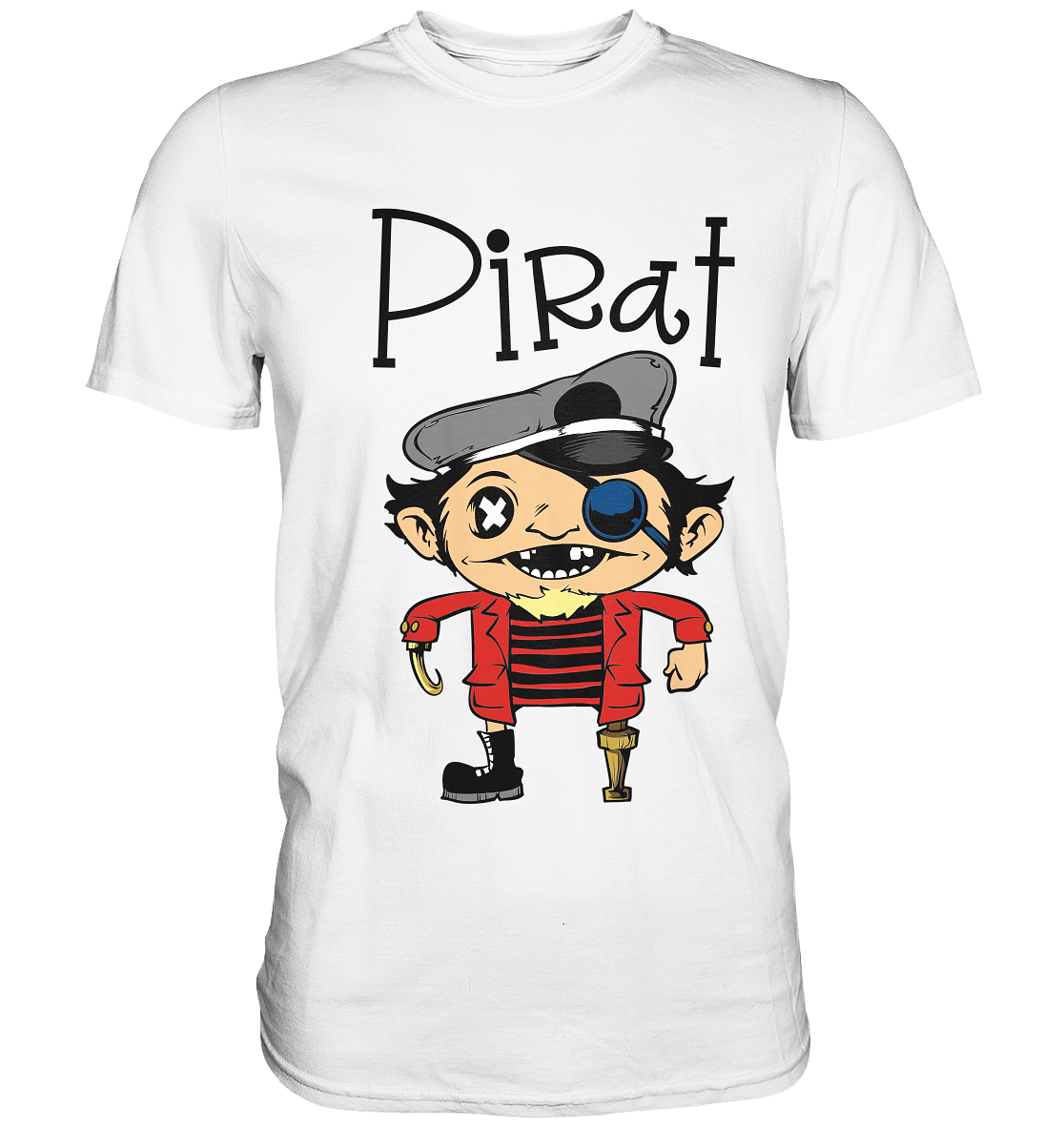 Weißes Shirt mit witzigem Piratenmotiv: Pirat mit Holzbein, Hakenhand und grimmigem Blick.