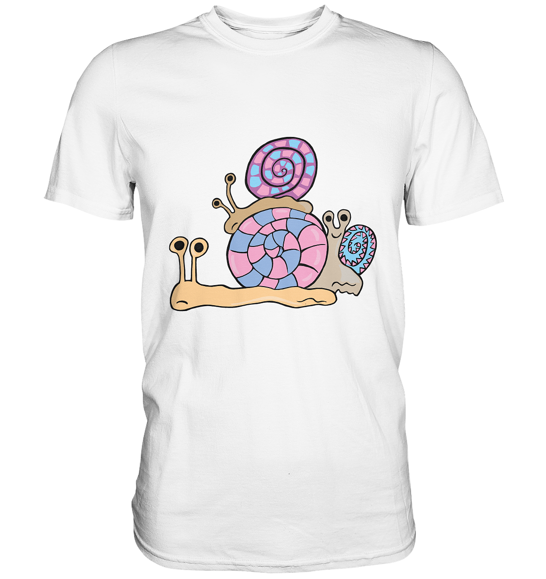 Weißes Shirt mit drei niedlichen Schnecken in Pastellfarben, süßes Tiermotiv.