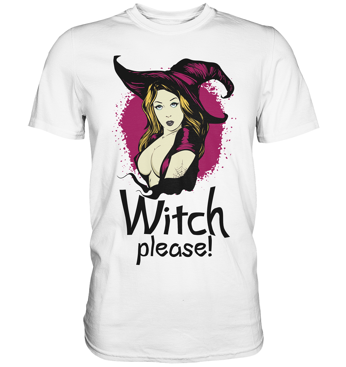 Weißes T-Shirt mit sexy Hexenmotiv und Schriftzug „Witch please!“, frech und perfekt für Halloween.