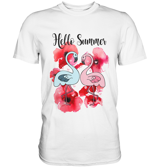 Hello Summer. Zwei Flamingos mit Hibiskus - Premium Shirt
