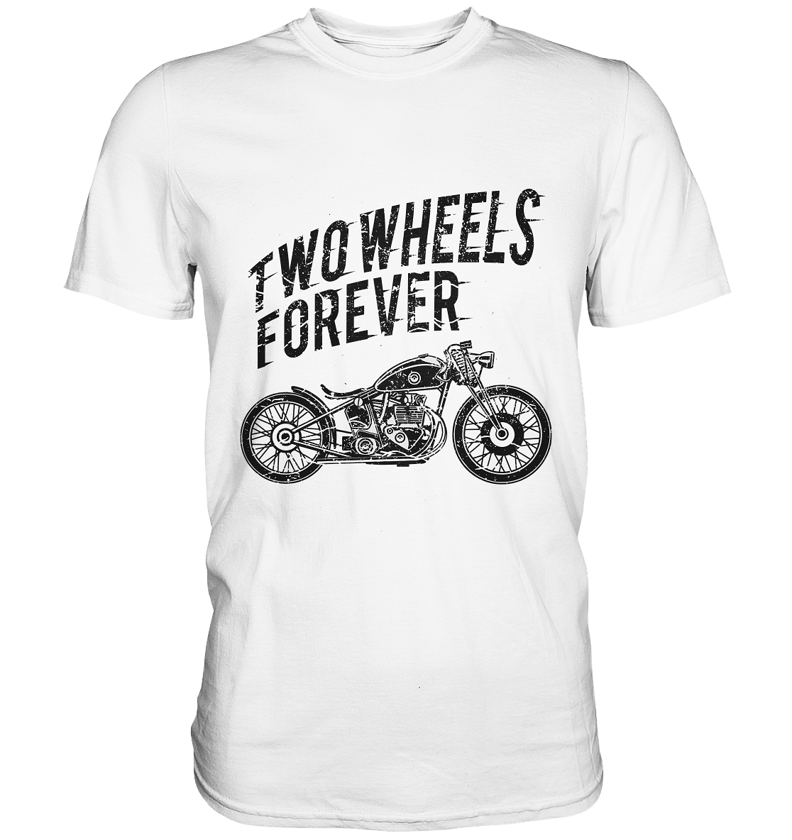 Schwarzes T-Shirt mit Vintage Biker Design und Schriftzug „Two Wheels Forever“, Retro Motorrad Lifestyle Shirt.