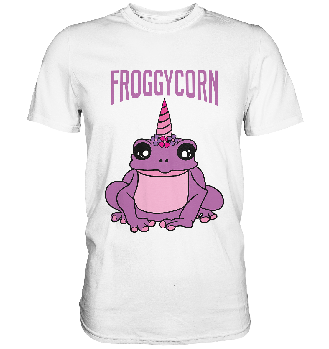 Shirt mit witzigem Froggycorn-Motiv: Ein lila Frosch mit einem Einhorn-Horn und der Aufschrift „Froggicorn“.