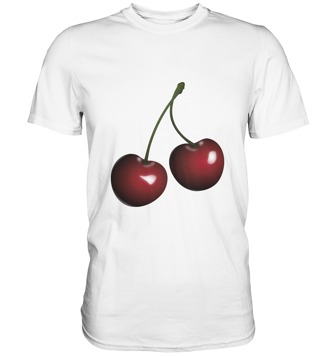Weißes T-Shirt mit zwei roten Kirschen – schlichtes, frisches Fruchtmotiv ohne Text.