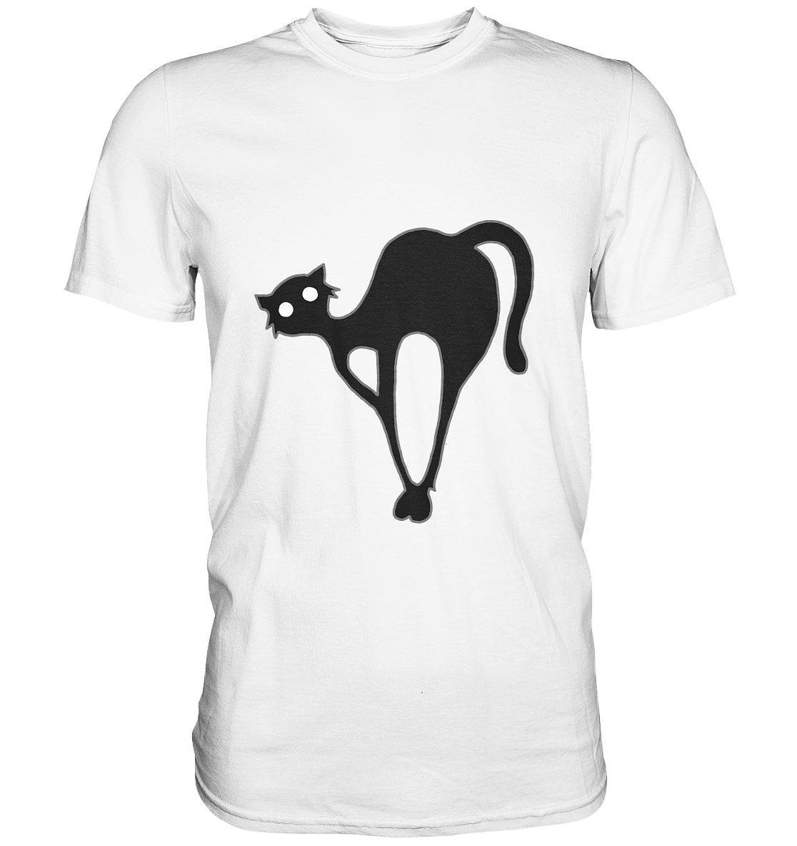 Weißes T-Shirt mit schwarzer Katze im Katzenbuckel, minimalistisches Black Cat Design.