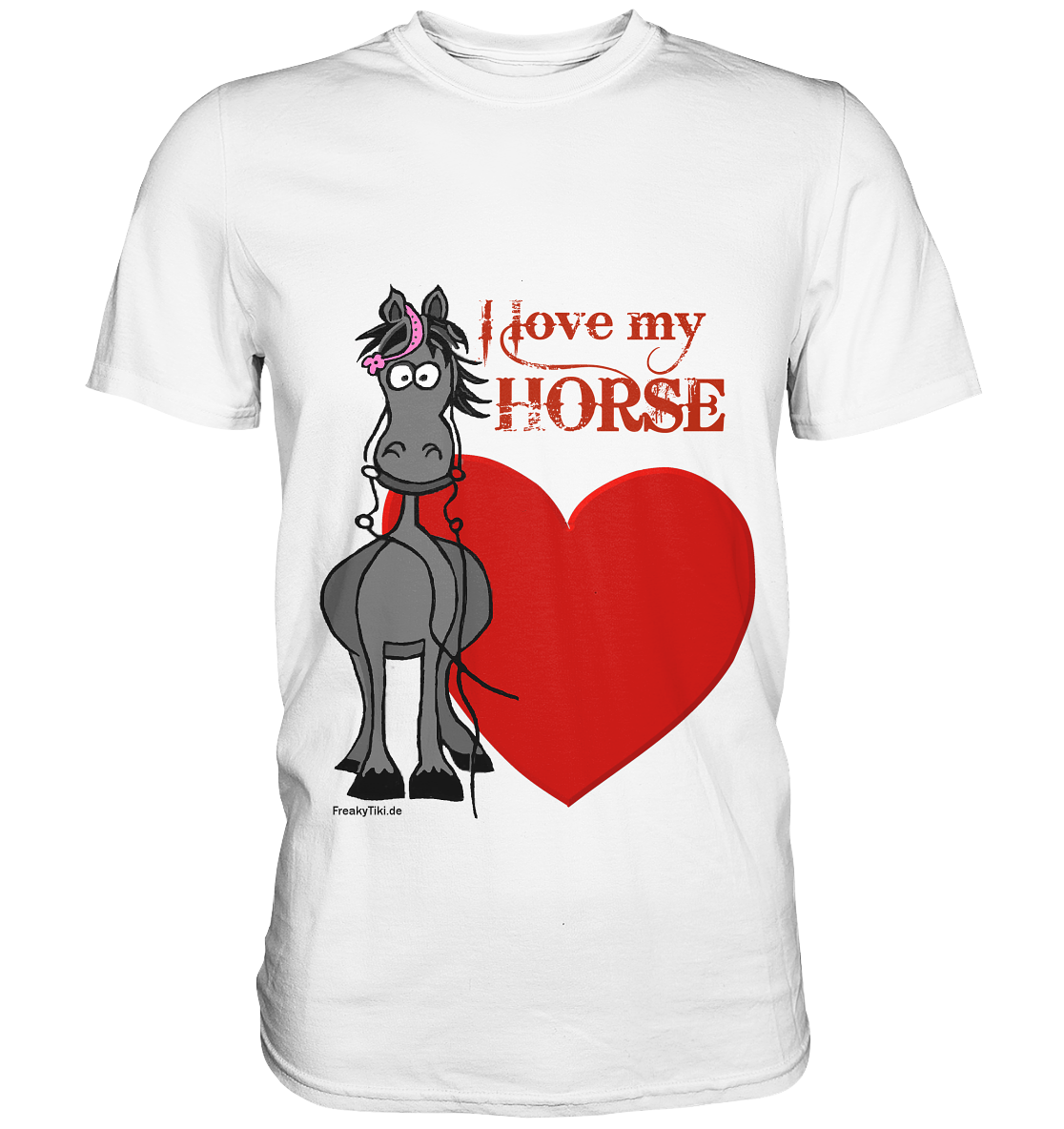 T-Shirt mit grauem Pferd und rotem Herz – süßes Motiv für Pferdefans mit Herz