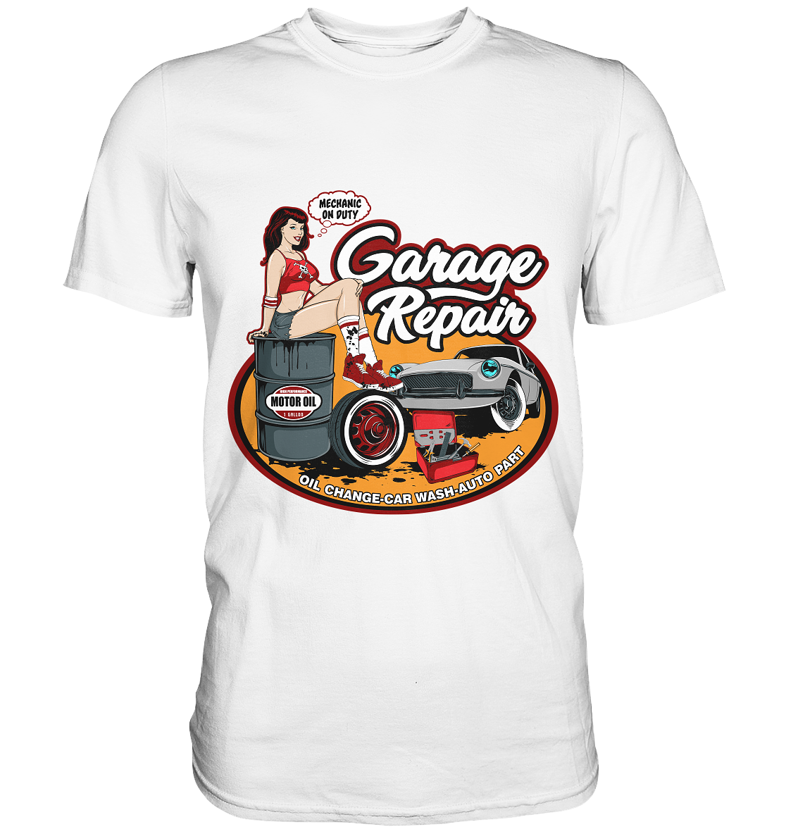 T-Shirt (weiß) mit Rockabilly Pinup Girl und Hotrod im Retro-Garagenstil – sexy & stilvoll im Fifties-Look.
