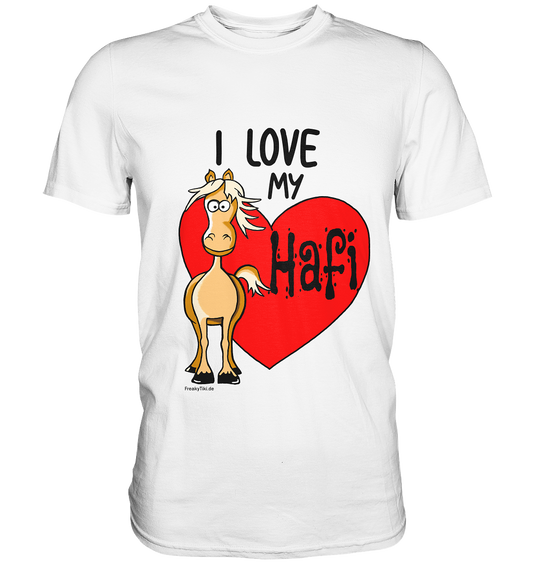 Weißes Shirt mit Haflinger-Motiv und Schriftzug I love my Hafi