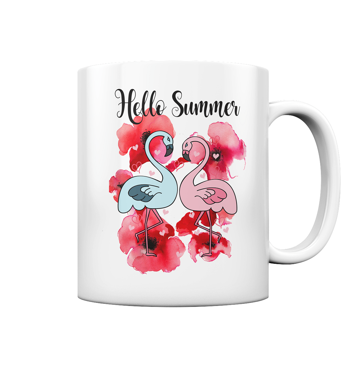 Tasse mit Tropical Flamingo und Hibiskusblüten Motiv, weiß glänzend, Sommerdesign.