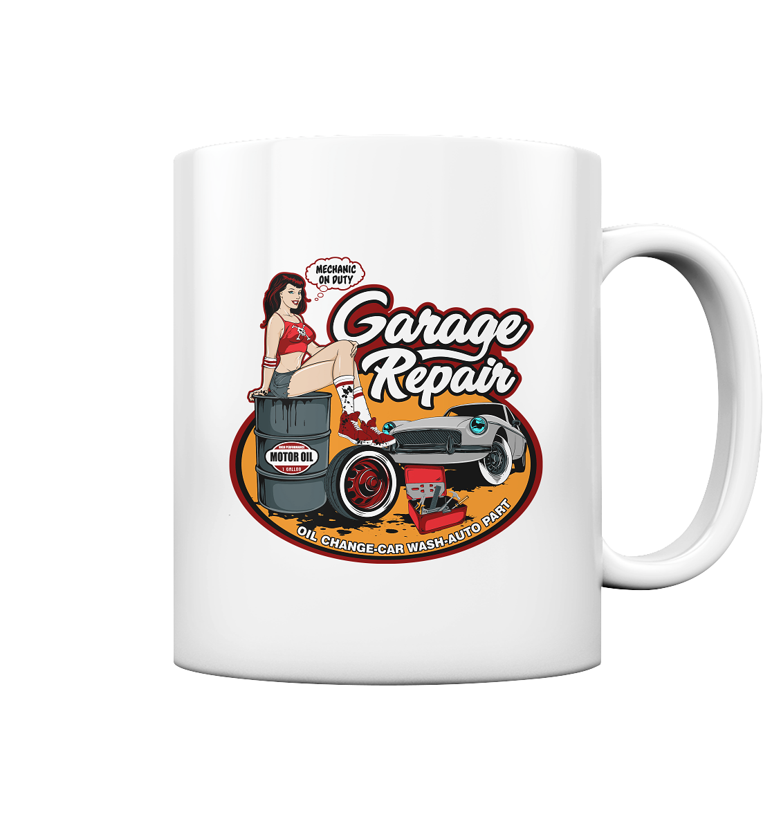 Weiße Tasse mit Rockabilly Pinup Girl und Hotrod im Garage Repair Design – Retro-Style der 50er Jahre.
