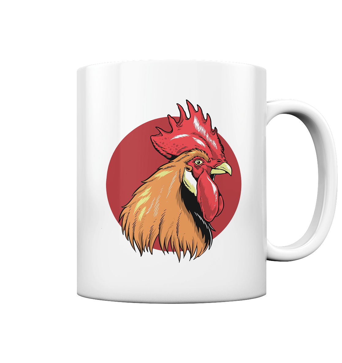 Weiße Tasse mit lustigem Hahnmotiv