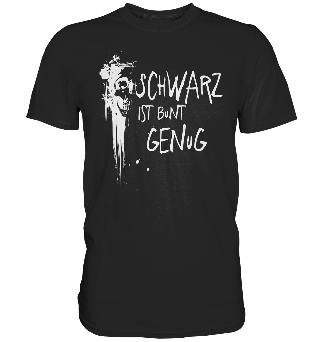 Schwarzes T-Shirt mit Graffiti-Skull und dem Spruch „Schwarz ist bunt genug“