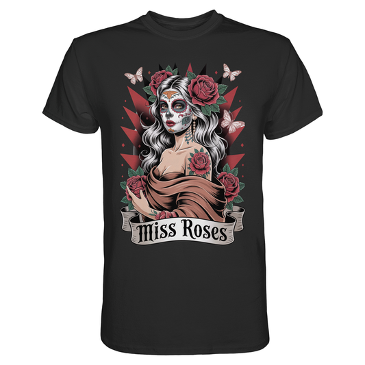 Schwarzes T-Shirt mit Gothic-Motiv „Miss Roses“, La Catrina im Tattoo-Stil mit Rosen
