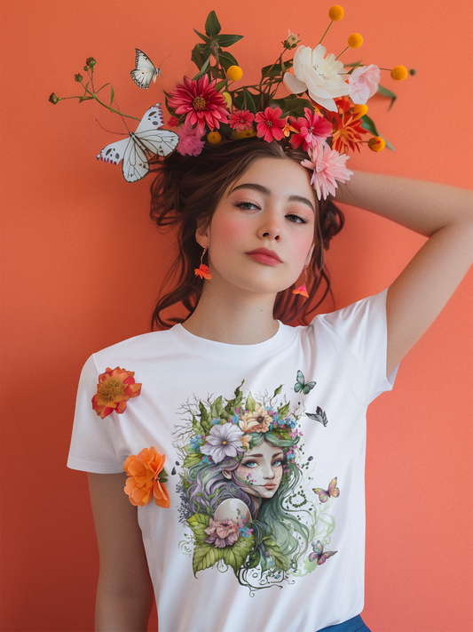 Junge Frau trägt ein weißes T-Shirt mit Waldelfe, grünen Blumen und Schmetterlingen – Oberkörperansicht. Auf dem Kopf trägt sie einen großen Blumenkranz.
