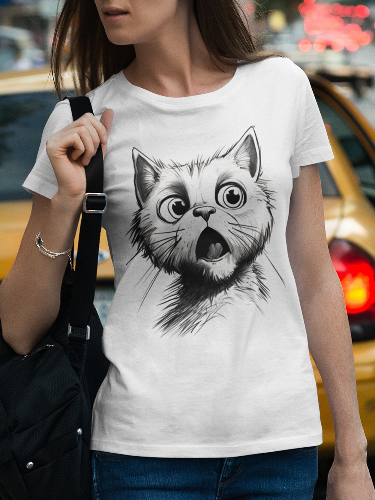 Junge Frau trägt ein weißes T-Shirt mit großem Katzenmotiv in Strichzeichnung – schreiende Katze, Oberkörperansicht