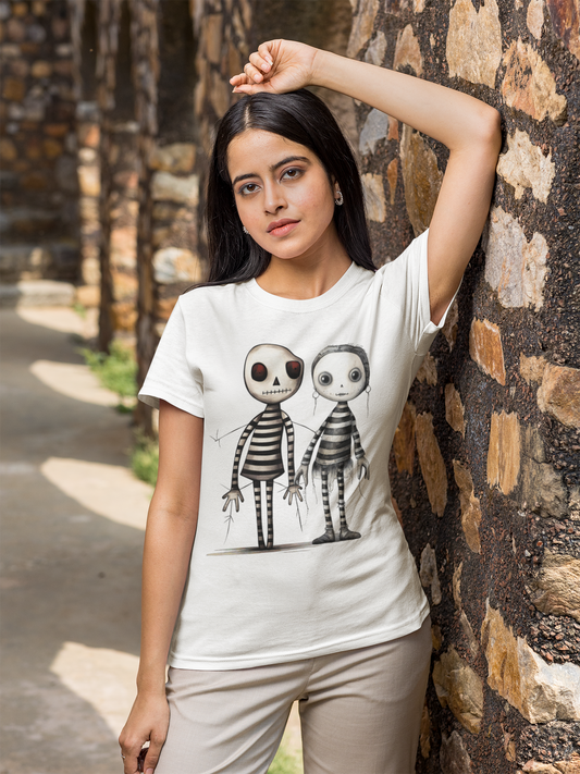 Junge Frau trägt ein weißes T-Shirt mit zwei gezeichneten Voodoo Dolls in Strichzeichnung, Oberkörperansicht
