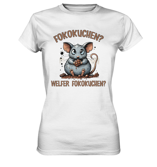 Weißes T-Shirt mit süßer Maus, die Schokolade isst, und dem Spruch „Fokokufen – Welfer Fokokufen“.