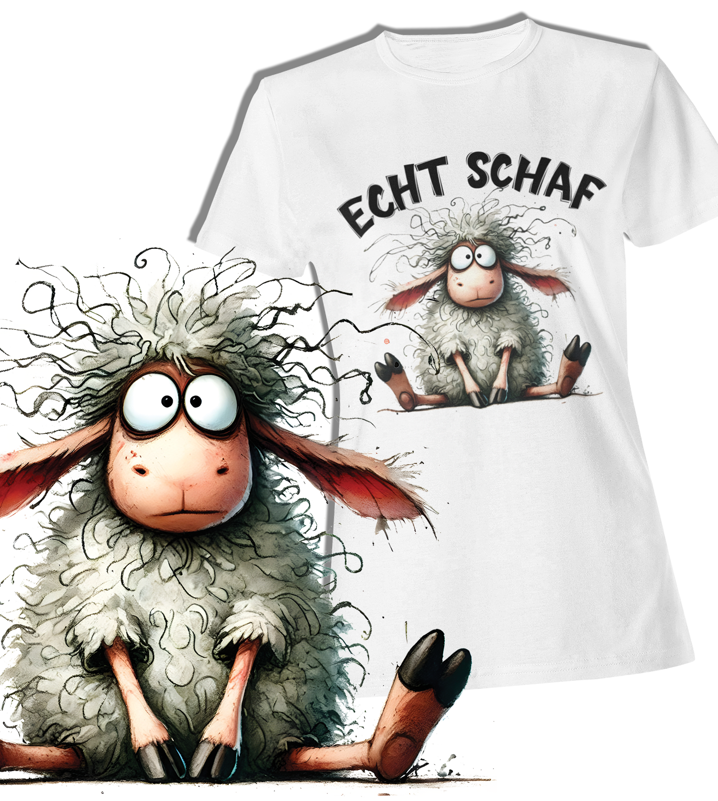 Weißes T-Shirt mit witzigem Schaf-Motiv und Schriftzug ‚Echt Schaf‘ –  Vorderansicht. Links im Bild sitzendes Schaf in groß.
