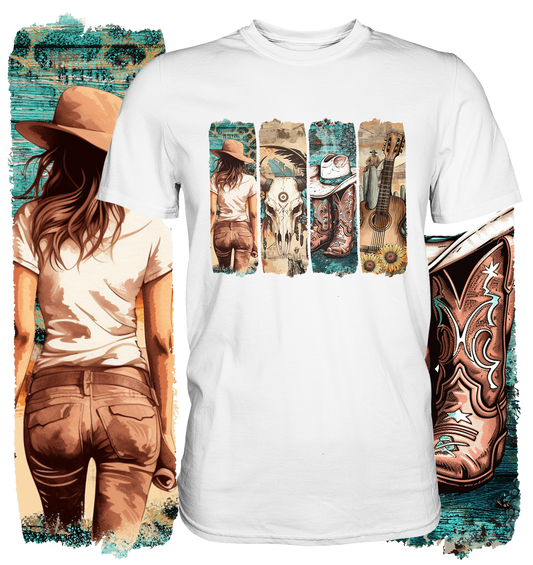 Unisex T-Shirt mit Western Brushstroke Motiv im Vintage-Stil, weiß, 100 % Baumwolle, Regular Fit, ideal für Western Girls & Cowgirls – Vorderansicht