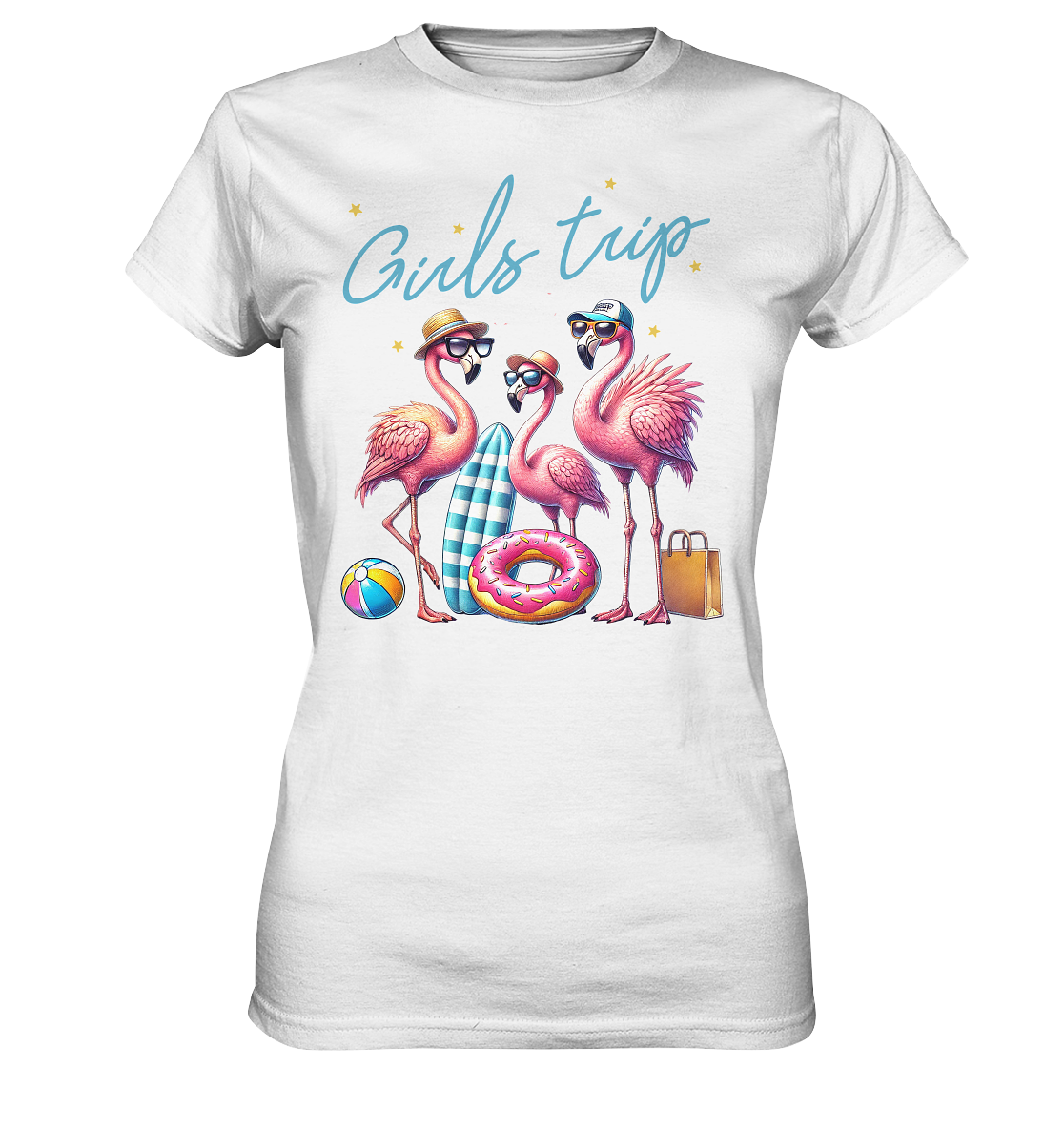 Damen Premium T-Shirt in Weiß mit Flamingo- und Beachmotiv, Vintage-Schriftzug „Girls Trip“, Retro Summer Design, leicht tailliert, Vorderansicht