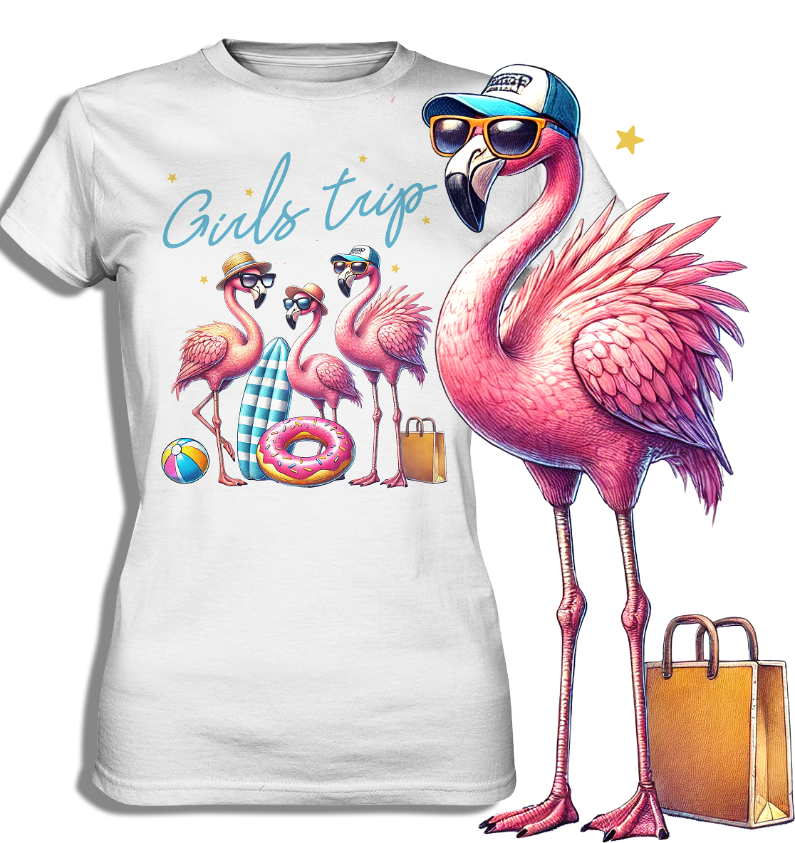 Damen Premium T-Shirt in Weiß mit Flamingo- und Beachmotiv, Vintage-Schriftzug „Girls Trip“, Retro Summer Design, leicht tailliert, Vorderansicht