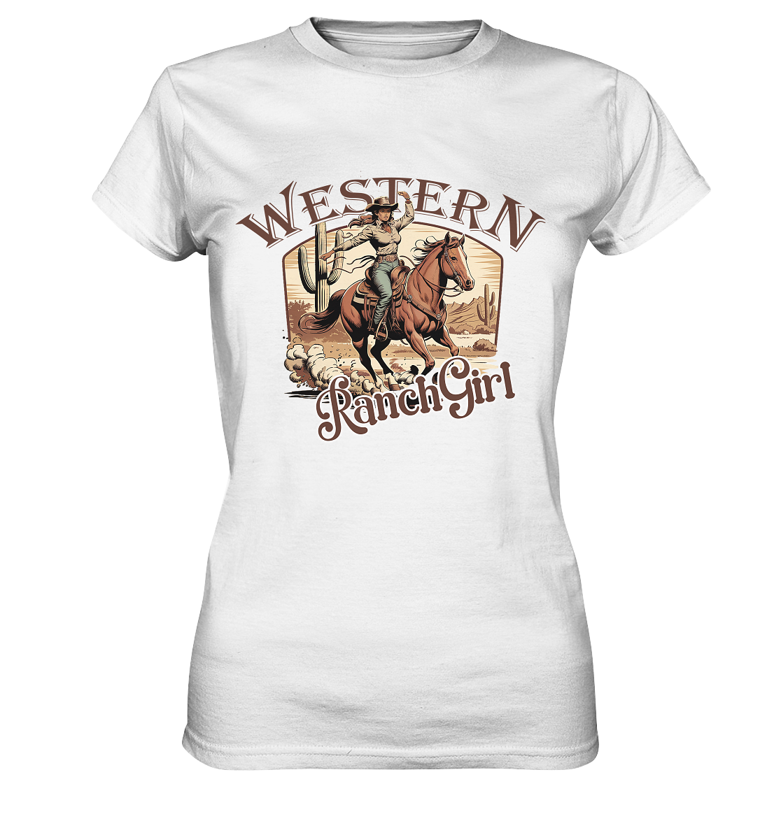 Weißes T-Shirt mit Cowgirl auf galoppierendem Pferd. Schrift Western. Ranch Girl.