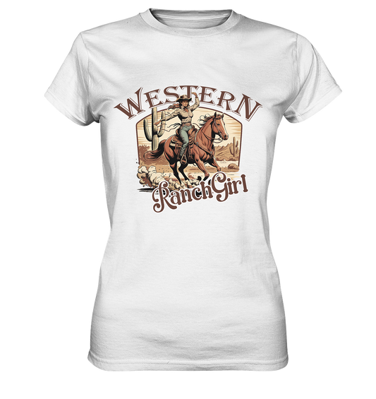 Weißes T-Shirt mit Cowgirl auf galoppierendem Pferd. Schrift Western. Ranch Girl.