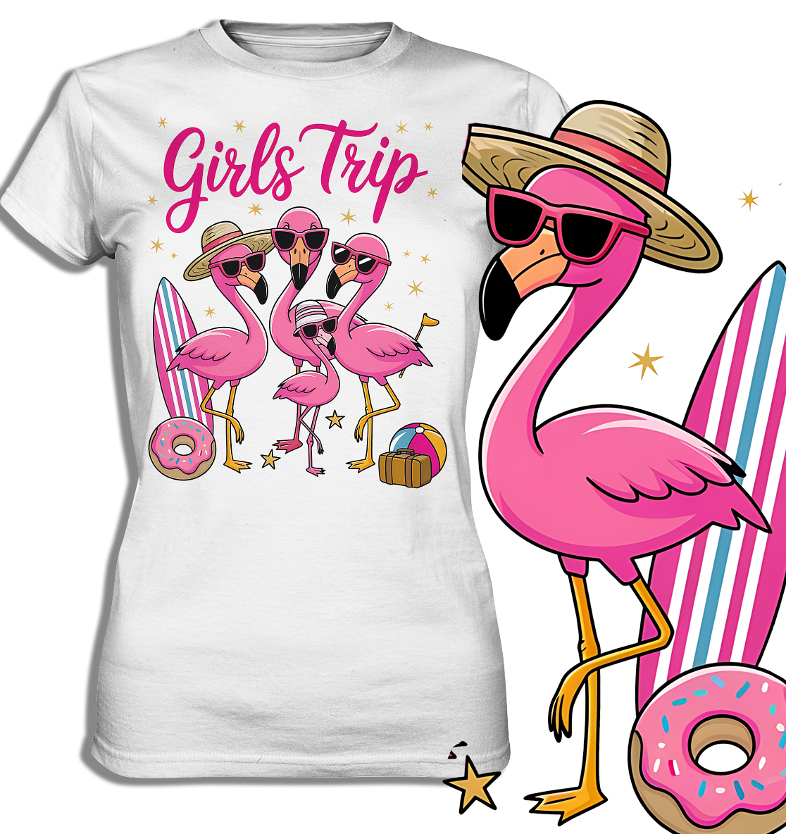 Ladies T-Shirt mit buntem Motiv von vier Flamingos mit Sonnenbrillen, Beach-Zubehör und dem Schriftzug „Girls Trip“ auf der Vorderseite. Seitlich am Bild ein großer Flamingo mit Sonnenhut und Surfbrett.