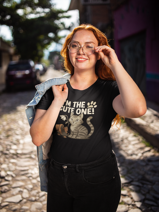 Frau mit Brille und rotem Haar, sie trägt ein schwarzes T-Shirt mit brauner Katze und kaputten Blumentopf und Schriftzug „I'm the Cute One“. 