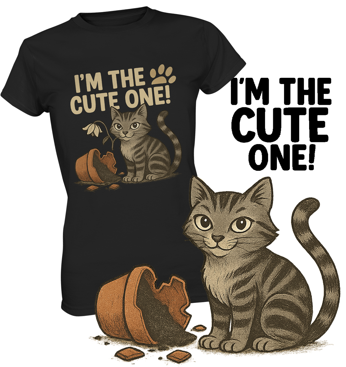 Schwarzes T-Shirt mit brauner Katze und kaputten Blumentopf und Schriftzug „I'm the Cute One“. Vorne rechts im Bild eine grau Katze.