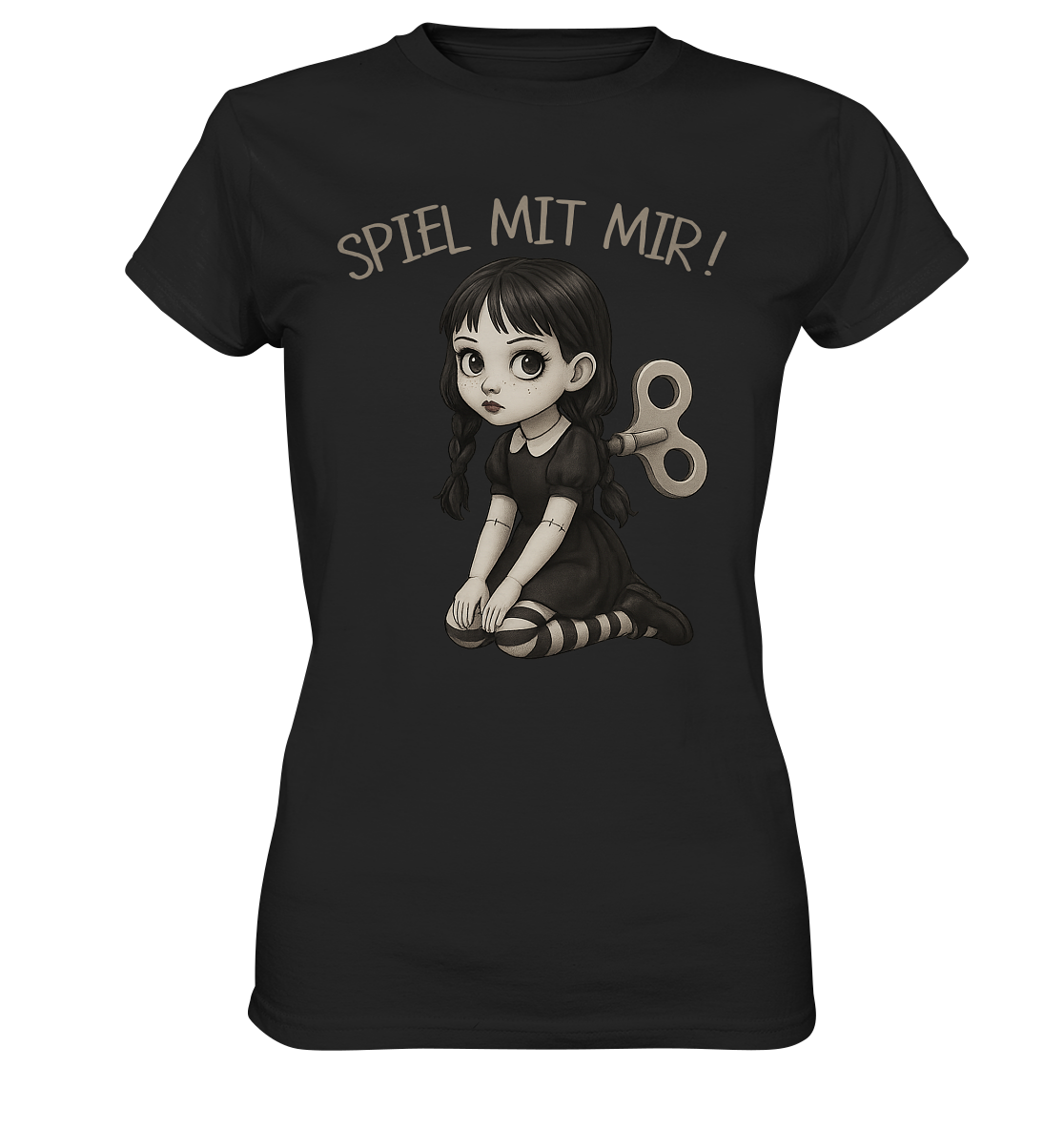 Schwarzes T-Shirt mit Gothic Doll Motiv und Aufschrift "Spiel mit mir!"
