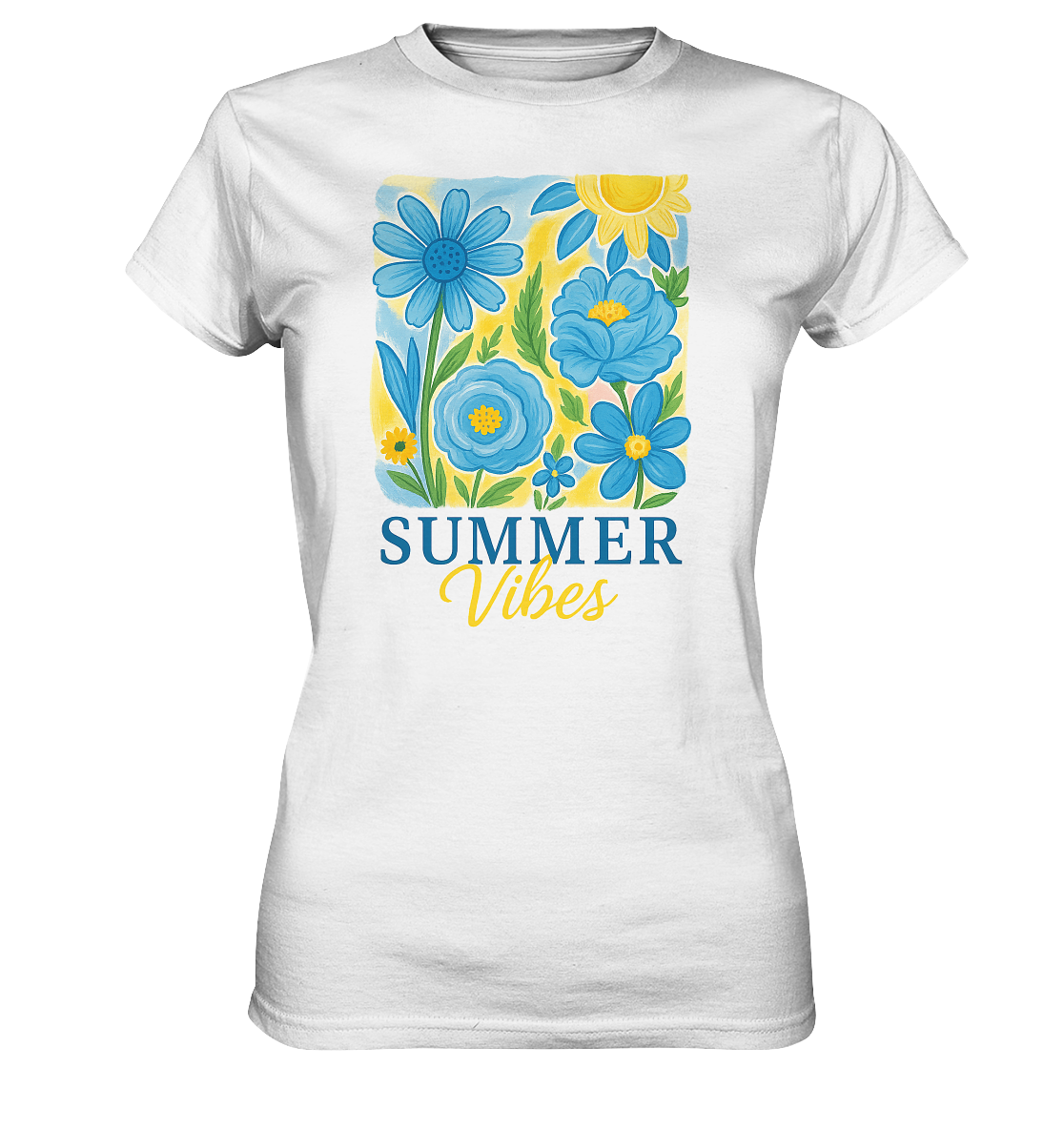 Weißes Damen-T-Shirt mit zartem Vintage-Blumenmotiv in Blau und Gelb und dem Schriftzug „Summer Vibes“