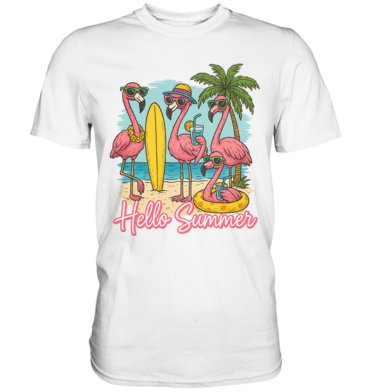 Vier Flamingos mit Sonnenbrillen im Vintage-Stil, stehend am Strand mit Schriftzug „Hello Summer“ auf weißem T-Shirt