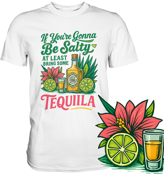 Weißes T-Shirt mit tropischem Retro-Motiv, Hibiskusblüten und dem Spruch „If you gonna be salty, at least bring some tequila“