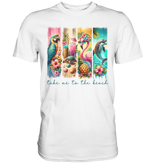 Weißes T-Shirt mit tropischem Motiv: Hibiskusblüten, Flamingo, Papagei und Schriftzug „Take me to the Beach“