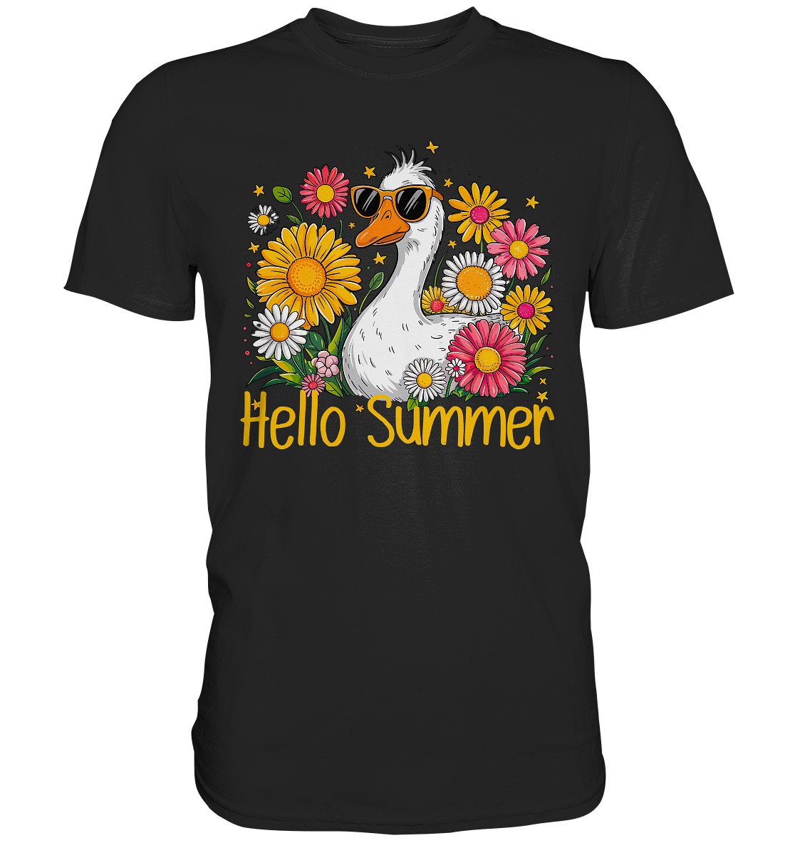 T-Shirt mit sitzender Gans und Schriftzug „Hello Summer“ in schlichtem, humorvollem Design