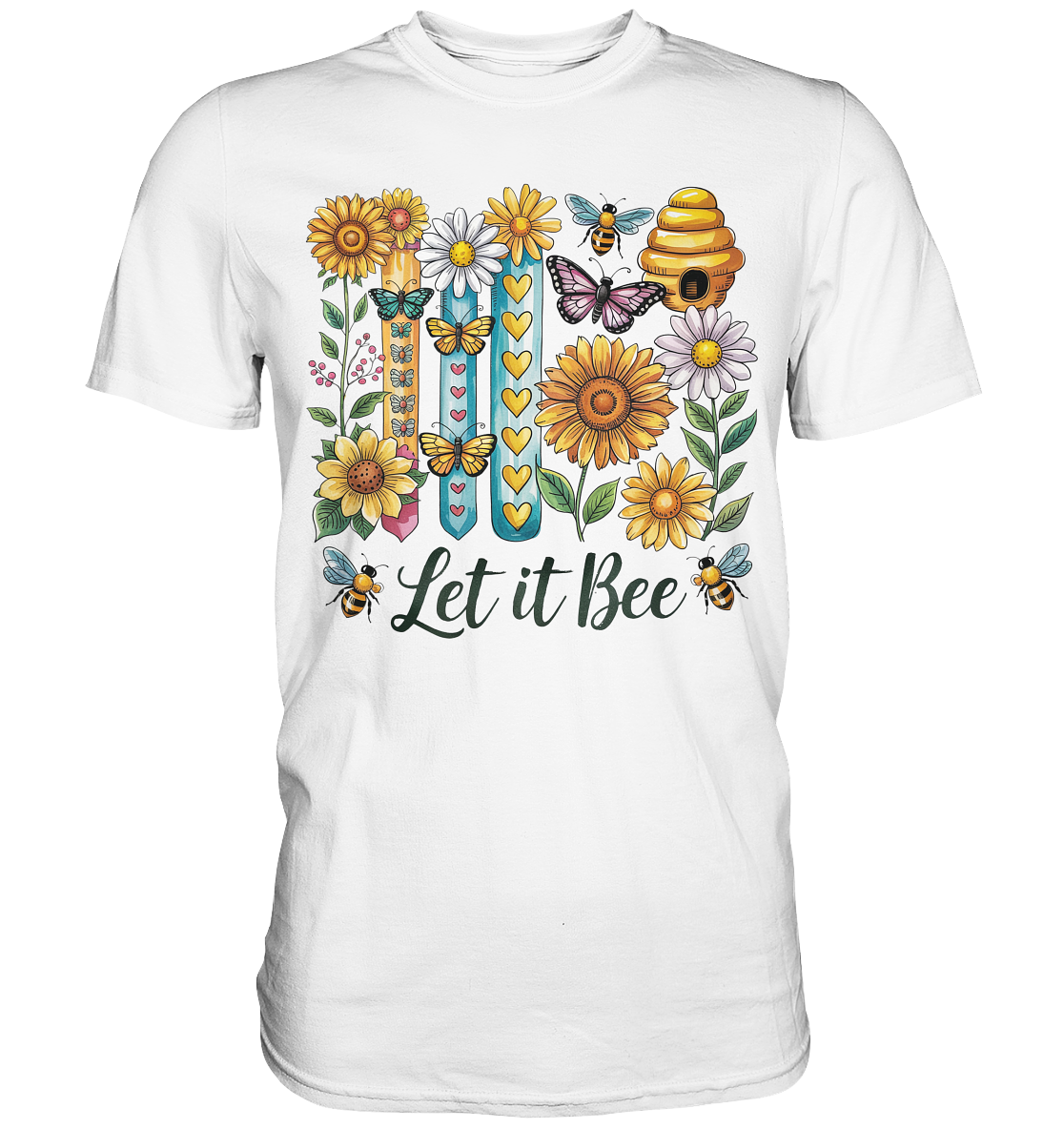 Weißes T-Shirt mit Blumen, Bienen, Schmetterlingen und dem Schriftzug „Let it bee“ im sommerlich-natürlichen Design