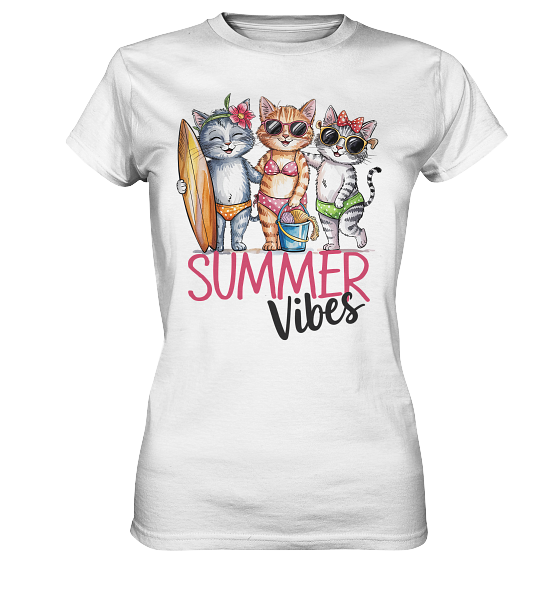 Weißes T-Shirt mit drei Katzen im Bikini und dem Schriftzug „Summer Vibes“ – witziges Sommermotiv