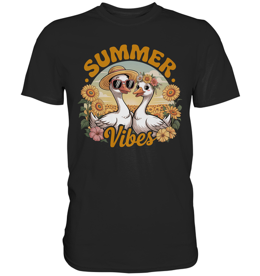 Schwarzes T-Shirt mit Retro-Motiv: zwei Gänse mit Sonnenbrillen und Sonnenblumen, Schriftzug „Summer Vibes“