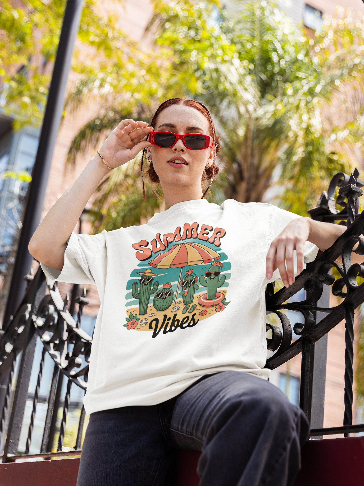 Junge Frau mit Sonnenbrille lehnt am Zaun und trägt ein weißes Shirt mit Kaktus-Print und Aufdruck "Summer Vibes"